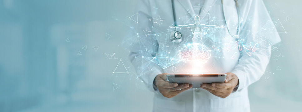 Medicine doctor holding electronic medical record on tablet, Brain testing result, DNA, Digital healthcare and network connection on hologram interface, Science, Medical technology and networking.