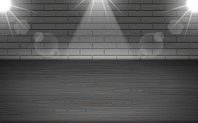 wooden table and spotlight at the white brick wall	