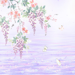 Branch of wisteria. Hand draw watercolor illustration.Can be used for Floral poster, invite. Vector decorative greeting card or invitation design background