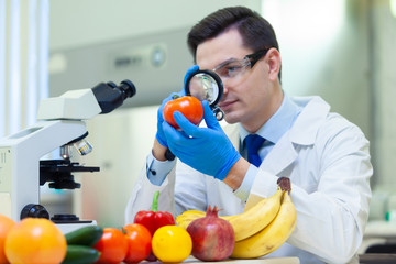 Laboratory worker examining fruits and vegetables and making analysis for pesticides and nitrates.