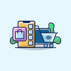 Illustration Vector Graphic of Business E Commerce with Smartphone, Laptop and Shopping Cart Icon.. Perfect for Business Posters and Presentations