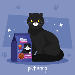 pet shop veterinary with cat and bag food vector illustration design