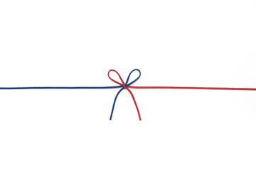 red and blue ribbon isolated on white background. two colors chamois string tied in a bow. 