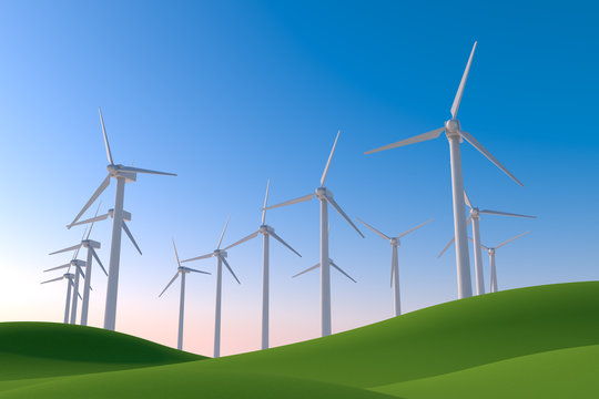 Many wind turbines spin. Operates with the power of nature. 3D illustration