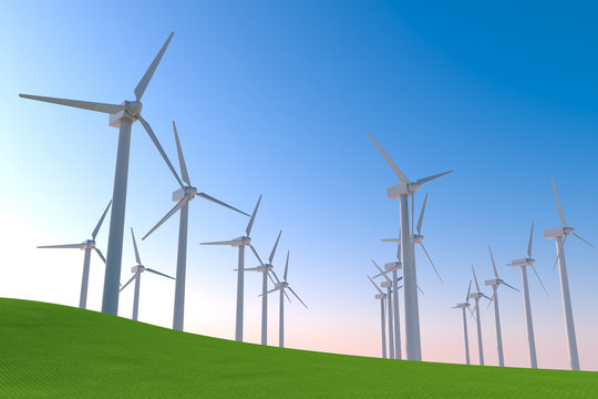 Many wind turbines spin. Operates with the power of nature. 3D illustration