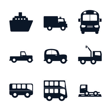 Isolated transportation vehicles silhouette style icon set vector design