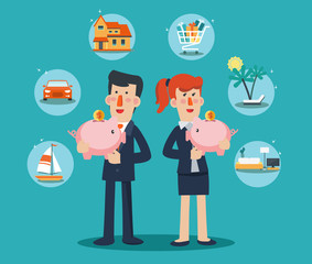 Successful business man and business woman with a piggy bank. 6 icons: house, car, yacht, shopping cart, furniture and holiday vacation. Saving and investing money. Future financial planning concept