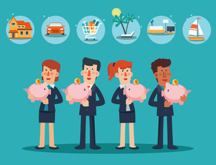 Successful business men and business women with a piggy bank. 6 icons: house, car, yacht, shopping cart, furniture and holiday vacation. Saving and investing money. Future financial planning concept