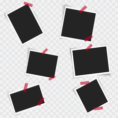 Set of square photo frames with red sticky tape. Vector