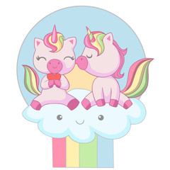 Romantic couple of unicorns sitting on a clouds
