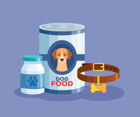 food of dog animal in can and icons vector illustration design