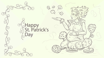 illustration St Patricks day banner in Doodle style outline coloring pregnant girl leprechaun sitting on her lap among clover and gold coins