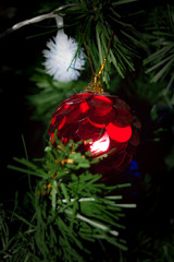Red New Year's ball on Christmas artificial spruce. Holiday magic fairy tale mystic waiting for miracle decoration interior gifts