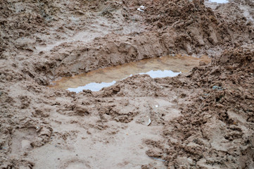 Texture of a dirty bad dirt road dirt road with puddles and clay drying mud with cracks and ruts. Off-road. The background