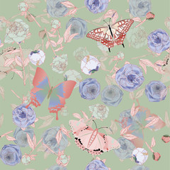 Butterfly and leaves, stems and inflorescences of peonies and roses vector illustration. Picture with pink, blue and white flowers on aquamarine background. Endless pattern. EPS10