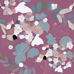 Hydrangea flowers, decorative berries and leaves. Seamless pattern. Garden plants vector illustration.