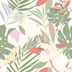 Fototapeta na wymiar Magnolia flowers, palm leaves and butterflies. Creative seamless pattern.