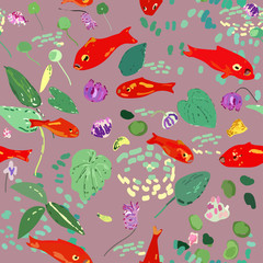 Naklejka na ściany i meble Red fish on a beige background, leaves, algae and flowers. Seamless vector pattern based on Matisse oil painting.