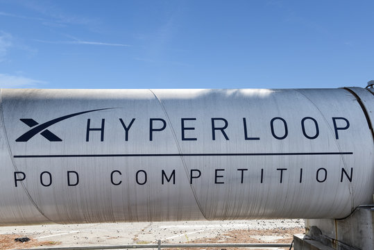 HAWTHORNE, CALIFORNIA - 17 FEB 2020: The Hyperloop Pod Competition tube closeup, an annual competition sponsored by SpaceX to demonstrate technical feasibility of the Hyperloop concept.
