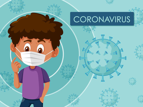 Poster design for coronavirus with boy wearing mask
