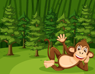 Scene with happy monkey in green forest