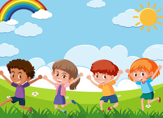 Obraz na płótnie Canvas Scene with four happy children playing in the field