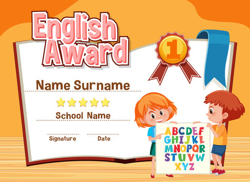 Certificate Template For English Award With Kids In Background