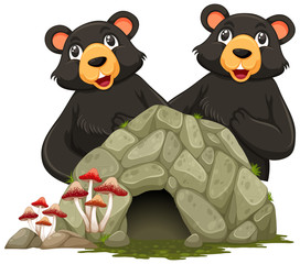 Two grizzly bears and little cave on white background