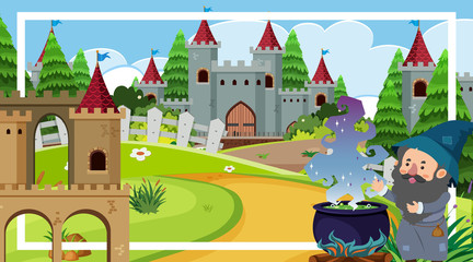 Naklejka premium Frame design with wizard and big castle in background