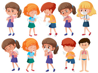 Set of many sick people with different symptoms