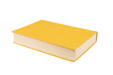 Yellow book with cloth cover on a white isolated background.