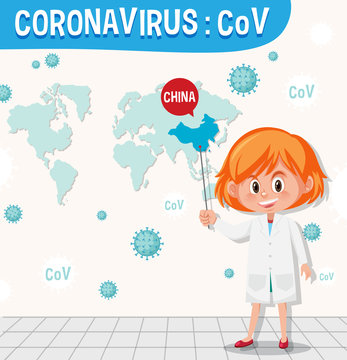 Coronavirus chart with scientist and world map on the wall