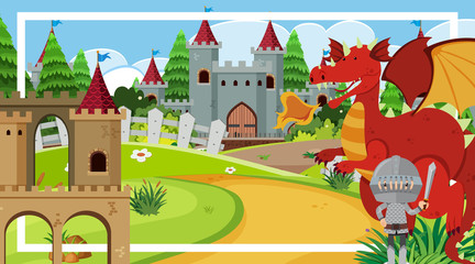 Obraz na płótnie Canvas Frame design with knight and red dragon by the castle