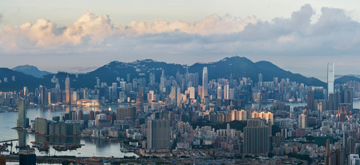 Fototapeta na wymiar Panorama of aerial view of Hong Kong city in morning