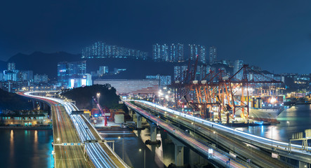 Fototapeta na wymiar Panorama of cargo port and highway in Hong Kong