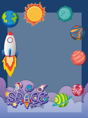 Frame design template with spaceship flying in the space