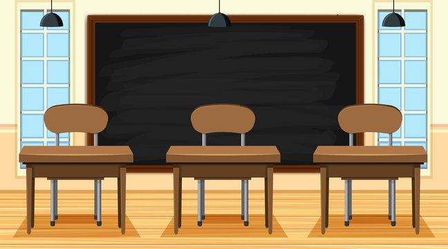 Classroom scene with blackboard and desks