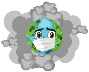 Earth wearing mask with dirty smoke in background
