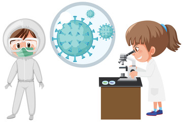 Coronavirus cell and two scientists in the lab