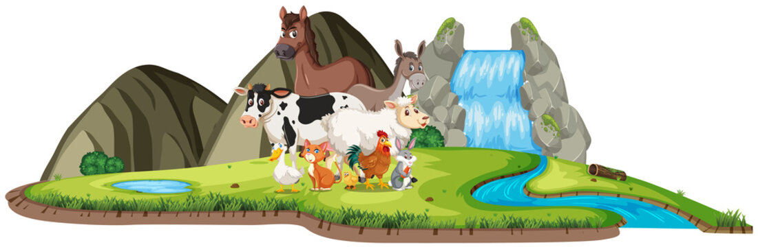 Scene with many wild animals by the waterfall on white background