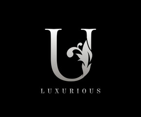 Silver Luxury Letter U . Graceful royal style. Calligraphic beautiful logo. Vintage drawn emblem for book design, weeding card, brand name, business card, Restaurant, Boutique, Hotel. 