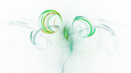 Abstract green and golden glowing shapes. Fantasy light background. Digital fractal art. 3d rendering.