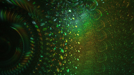 Abstract green and golden glowing particles. Fantasy light background. Digital fractal art. 3d rendering.