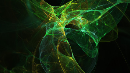 Abstract green and golden glowing shapes. Fantasy light background. Digital fractal art. 3d rendering. - obrazy, fototapety, plakaty