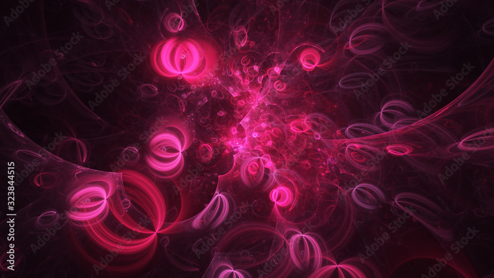 Wall mural Abstract crimson glowing shapes. Fantasy light background. Digital fractal art. 3d rendering.