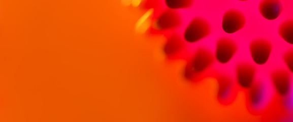 Banner. Abstract blurred background. Chinese Coronavirus, HIV, cancer. Close-up of infection, bacteria, microbe red floating in a liquid on orange background left blank space for text