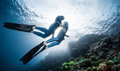  Two freedivers swim over the vivid coral reef in a tropical sea during their recreational freedive session © Dudarev Mikhail