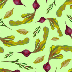 Beetroot seamless pattern with batva. Purple root vegetable, greens. Hands gouache illustration. Appetizing juicy design for wallpaper, fabric, cafe, screensavers, textiles, gardening.