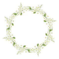 Wreath with spring flowering trees bird cherry on a white background. Drawing in crayons.
