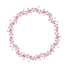 Wreath with spring flowering trees cherry on a white background. Drawing in crayons.